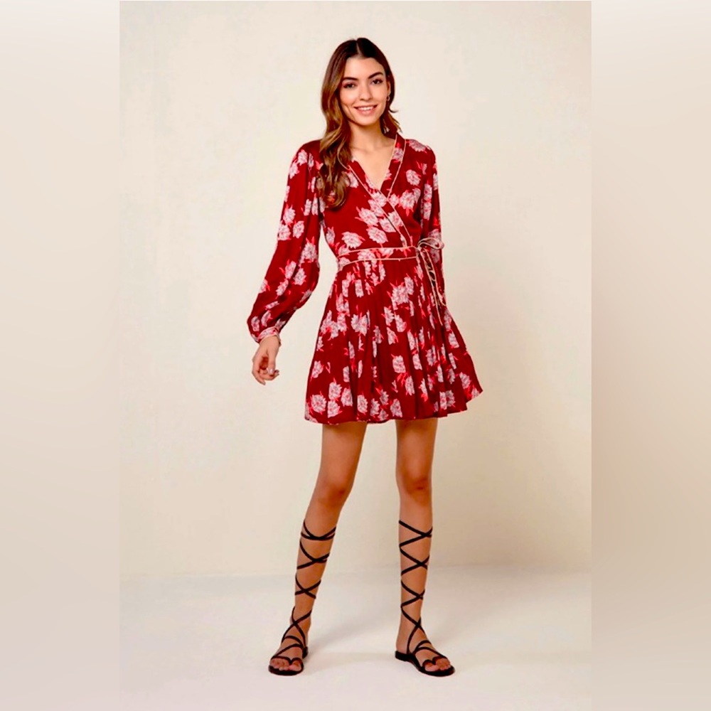 Omika Wrap Long Sleeve Mini Dress - Merlot Floral - Size Large